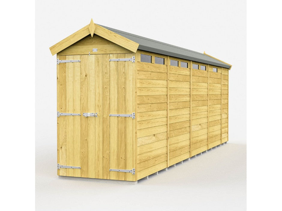 The ShedsDIY Apex Shed 4ft Wide offers a long, narrow wooden garden storage solution with a pitched roof, sturdy metal hinges, and windows near the roofline. Its horizontally laid planks ensure a simple, functional design that's weather-resistant for year-round durability.