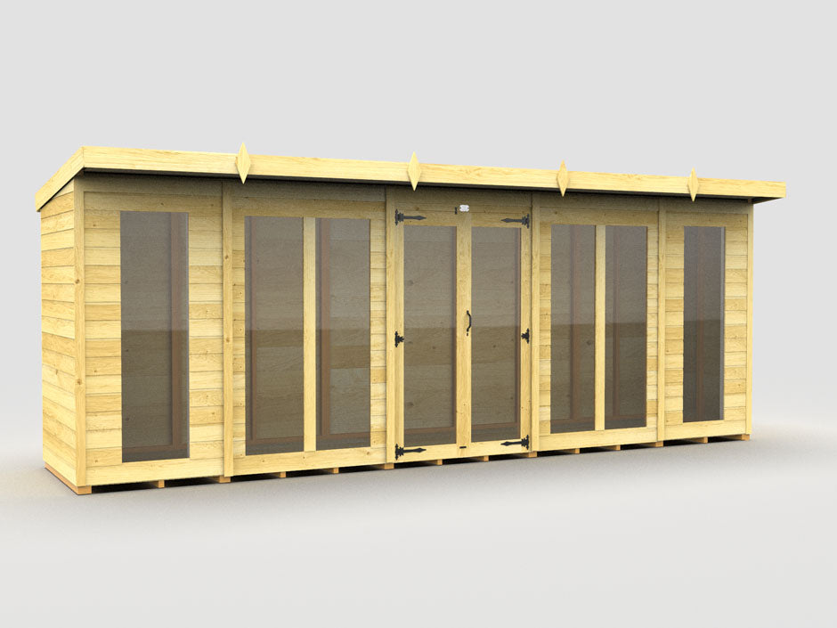 The ShedsDIY Pent Summer House features a natural wood finish, flat roof, and large glass doors against a plain background. Its modern design combines style with weather resistance, making it the perfect wooden garden shed for summer.