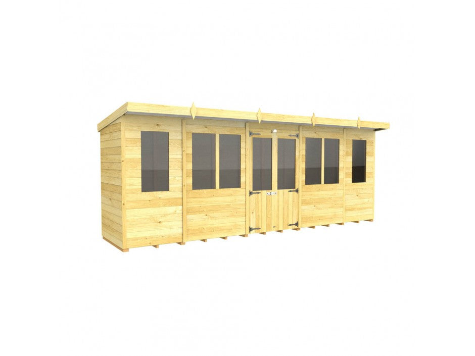 The Pent Summer House by ShedsDIY is a wooden garden shed featuring a flat roof, multiple large windows, and double front doors. Ideal for storage, its light wood panels and minimalist design enhance its natural appearance while providing year-round weather resistance.