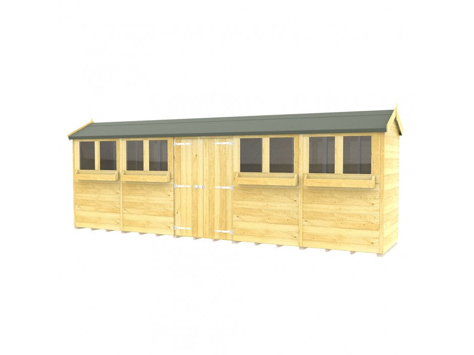 The ShedsDIY Apex Summer Shed offers a long wooden storage solution with a green roof, double doors at the center, and three rectangular windows on each side. Its tongue and groove construction displays a natural wood finish that beautifully contrasts with the white background.