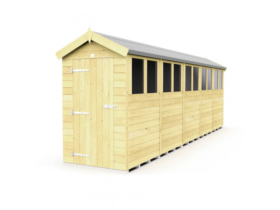 The ShedsDIY Apex Shed 4ft Wide features weather-resistant wooden paneling and a classic gable roof. Its long side has multiple windows, and the front includes a solid door with metal hinges and a latch, ideal for garden storage.