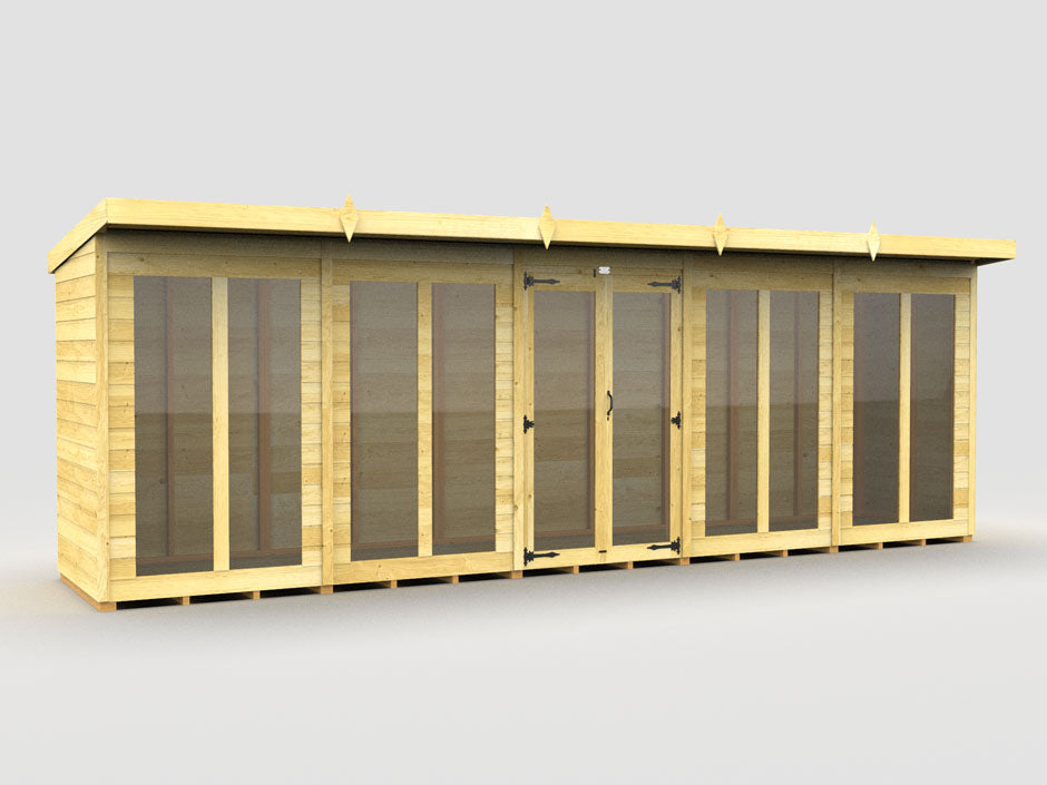 The Pent Summer House by ShedsDIY is a long, weather-resistant wooden structure with a flat roof, multiple glass doors and windows, light-colored wood, and black door handles, set against a plain light gray background.