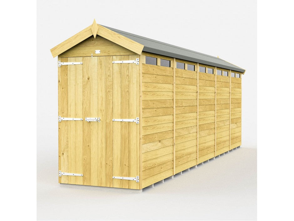 The ShedsDIY Apex Shed 4ft Wide offers a gabled roof and large double doors crafted from weather-resistant horizontal wooden slats. Small rectangular windows beneath the roof enhance this garden storage solution, all elegantly displayed against a plain white background.