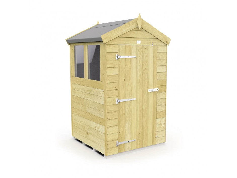 The ShedsDIY Apex Shed 4ft Wide features a pitched roof, single door, window for light, and weather-resistant construction. Metal hinges and a latch ensure security, with light brown wooden panels completing the garden storage solution.