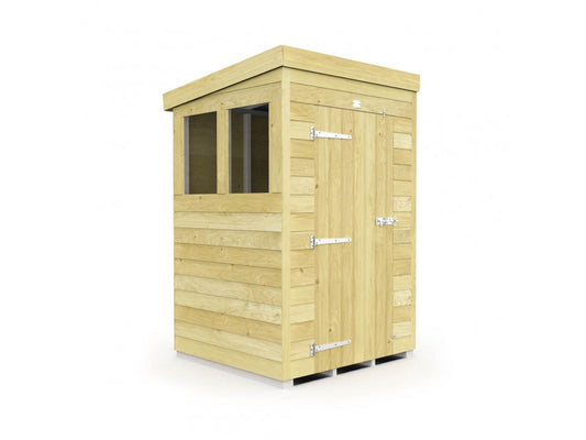 The ShedsDIY Pent Shed 4ft wide is a compact, lightweight wooden shed with tongue and groove panels and a flat roof. It includes a right-side door with metal hinges and latch, plus two large left-side windows, all set against a plain white background for stylish garden storage.