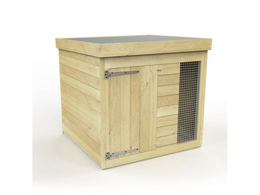 The ShedsDIY Dog Kennel is a wooden outdoor shelter featuring a flat roof, metal hinges, and a single door. It includes a mesh ventilation section on one side. This light-colored structure highlights natural wood grain with a water-based finish against a plain white background.