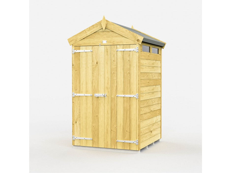 The ShedsDIY Apex Shed 4ft Wide, with a pitched roof and metal-hinged double doors, is perfect for garden storage. Its natural wood panels and top windows add charm. This resilient shed offers weather-resistant reliability on a light, plain background.