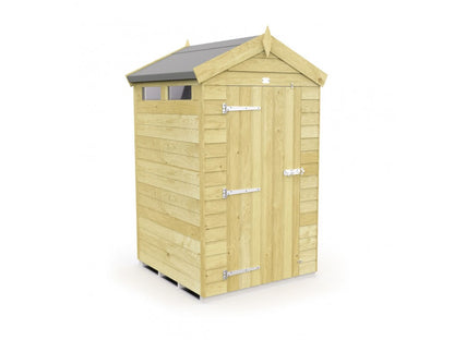 The ShedsDIY Apex Shed 4ft Wide is a compact, weather-resistant wooden garden shed with a gable roof and window. It boasts a light natural wood finish, metal hinges, and a door latch, ideal for garden storage. Displayed against a white background.