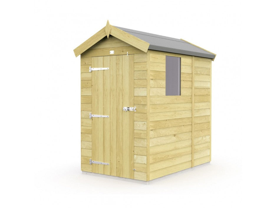 The Apex Shed 4ft Wide by ShedsDIY is a charming, weather-resistant garden shed featuring a pitched roof, hinged door with metal fixtures, and light-colored wood. This new space provides efficient storage and includes a window on one side for natural light.