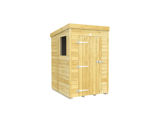 The ShedsDIY Pent Shed 5ft Wide boasts a modern flat roof, featuring a single door with metal hardware, a small window, and tongue and groove cladding. The light-colored wood provides a natural look with horizontal panels typical of Pent Sheds.