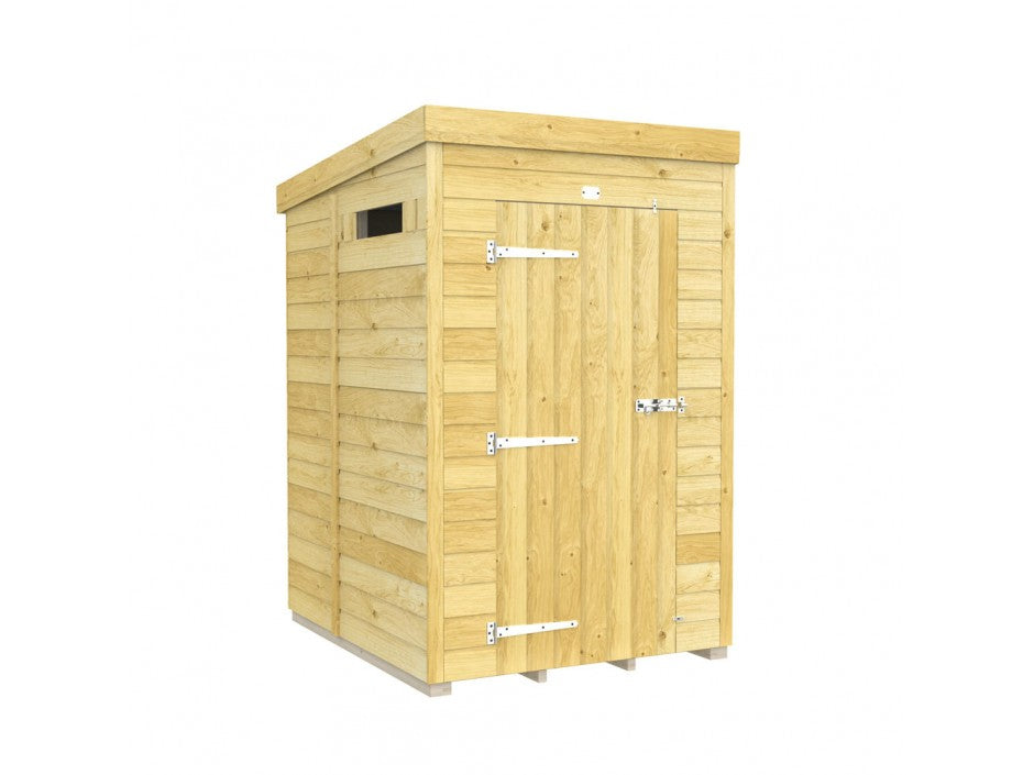 The ShedsDIY Pent Shed 5ft Wide is a sleek, modern wooden garden storage unit with a flat roof. It features tongue and groove cladding, a single door with metal hinges and lock, and a small window at the top left. Displayed on a white background, it embodies contemporary style.