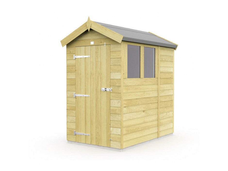 The Apex Shed 4ft Wide by ShedsDIY is ideal for garden storage, featuring a single door and two windows. Its pitched roof and light wood paneling are weather resistant, offering durable style similar to other Apex Sheds.