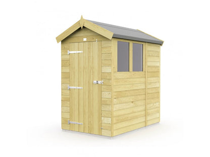 The Apex Shed 4ft Wide by ShedsDIY is ideal for garden storage, featuring a single door and two windows. Its pitched roof and light wood paneling are weather resistant, offering durable style similar to other Apex Sheds.