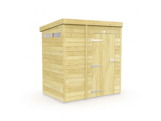 The Pent Shed 6ft Wide by ShedsDIY, with tongue and groove construction, features a flat roof and natural finish. It includes a single door with metal hinges and top-row windows, offering a simple yet functional design perfect for outdoor storage.