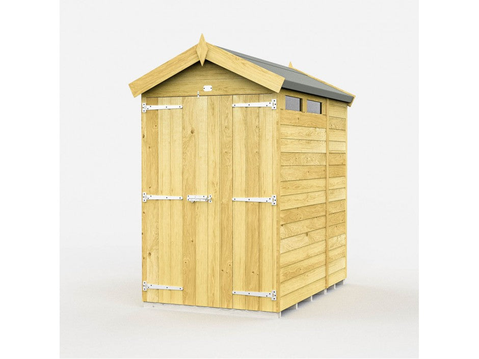 The ShedsDIY Apex Shed 4ft Wide features a pitched roof and metal hinges for ideal garden storage. Its weather-resistant design includes a light wood finish, single door with two metal handles, and a small side window, all resting elegantly on a pale background.