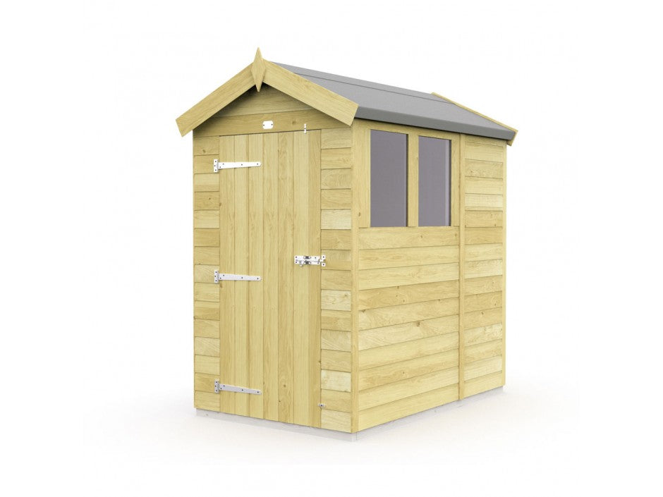 The Apex Shed 4ft Wide by ShedsDIY is a small wooden garden shed with a pitched roof and metal door hinges. It features two adjacent windows on one side, light-colored wooden panels, and a roof with dark, weather-resistant material ideal for storage.