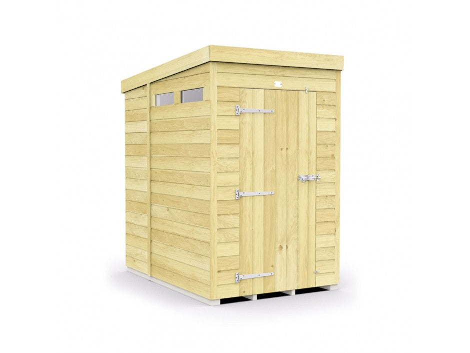 The ShedsDIY Pent Shed 7ft wide is a small wooden garden shed with a modern, flat roof design. It features tongue and groove cladding, horizontal slatted wood panels, a single door with metal hinges, and two small rectangular windows near the top against a plain white background.