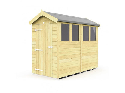 The ShedsDIY Apex Shed 4ft Wide features a sloped roof, two side windows, and a hinged door with metal hinges and latch. This light-hued, narrow-base wooden shed offers weather-resistant garden storage.