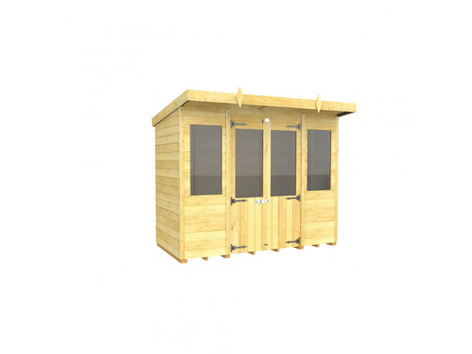 The ShedsDIY Pent Summer House is a modern wooden garden shed with a natural finish, ideal for garden storage. It features large windows, glass double doors, and a weather-resistant flat roof, providing year-round style and functionality against a plain white background.