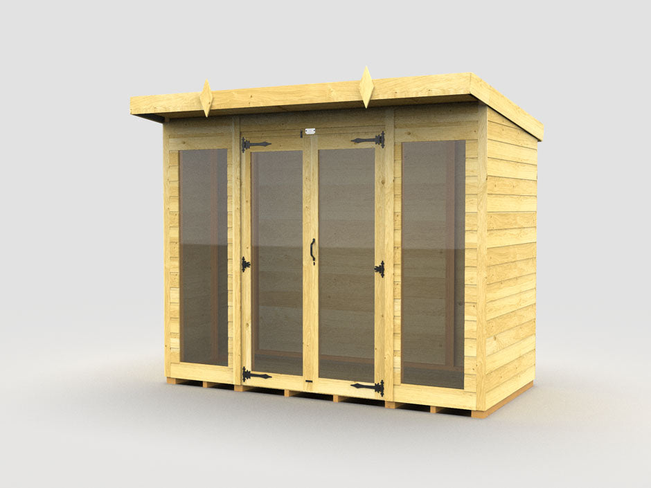 The Pent Summer House by ShedsDIY is a weather-resistant wooden garden shed with a flat roof and large glass panels on the front, featuring double doors with black hinges and a natural wood finish, ideal for garden storage.