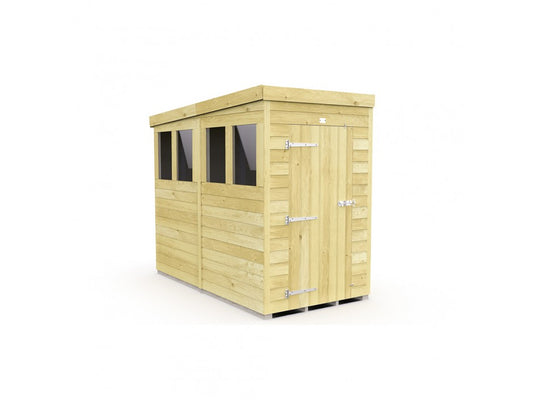 The ShedsDIY Pent Shed, 8ft wide, features a slanted roof with three rectangular windows on one side and a secured metal-hinged door at the front. The light-colored tongue and groove wood panels are arranged horizontally, making it ideal for garden storage against a white backdrop.