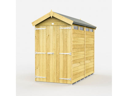 The ShedsDIY Apex Shed 4ft Wide offers a wooden storage shed with a pitched roof, weather-resistant metal hinges on the front double doors, and small windows at the top on one side, ideal for efficient garden storage in front of a plain white background.