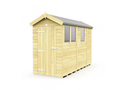 The ShedsDIY Apex Shed 4ft Wide features a light wooden design with a slanted roof, three rectangular windows on one side, and a metal-hinged front door. Its weather-resistant build offers practical garden storage, displayed against a white background to emphasize its simple functionality.