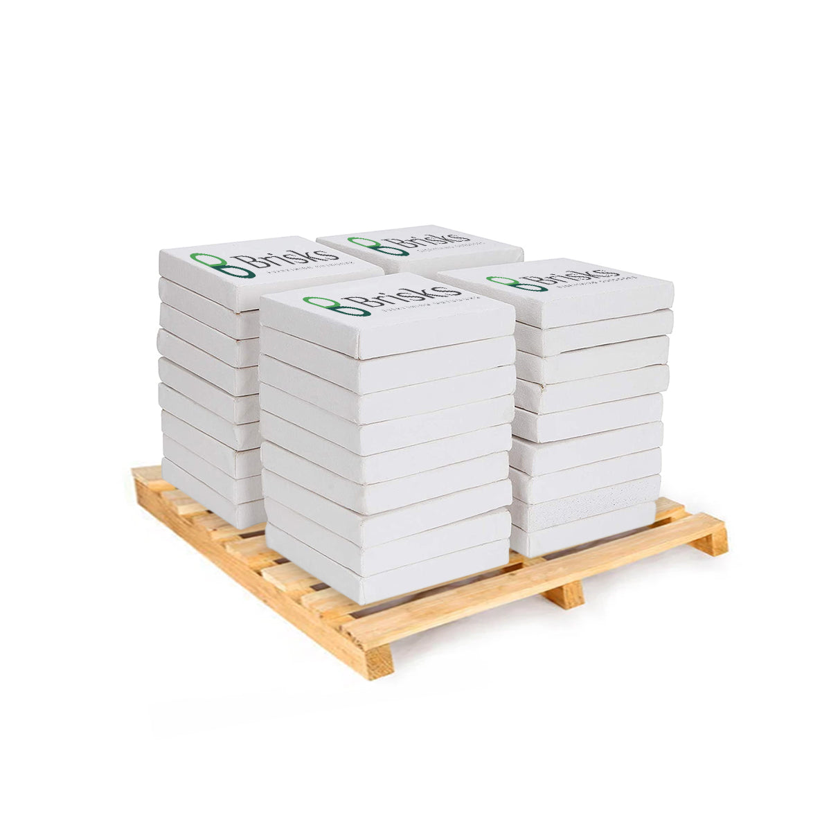 Two stacks of white rectangular bricks branded with the "Brisks" logo are neatly arranged on a wooden pallet. These ready-to-use Instant Concrete are uniform in size and color. The pallet, with its standard construction and natural wood finish, stands against a plain white background.