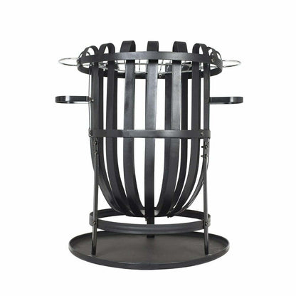 Introducing the La Hacienda Vancouver Firebasket, a sleek steel fire basket from La Hacienda featuring a cage-like design with vertical slats and a round base. It is equipped with circular handles on both sides and has a flat bottom for enhanced stability, making it ideal for outdoor cooking adventures.