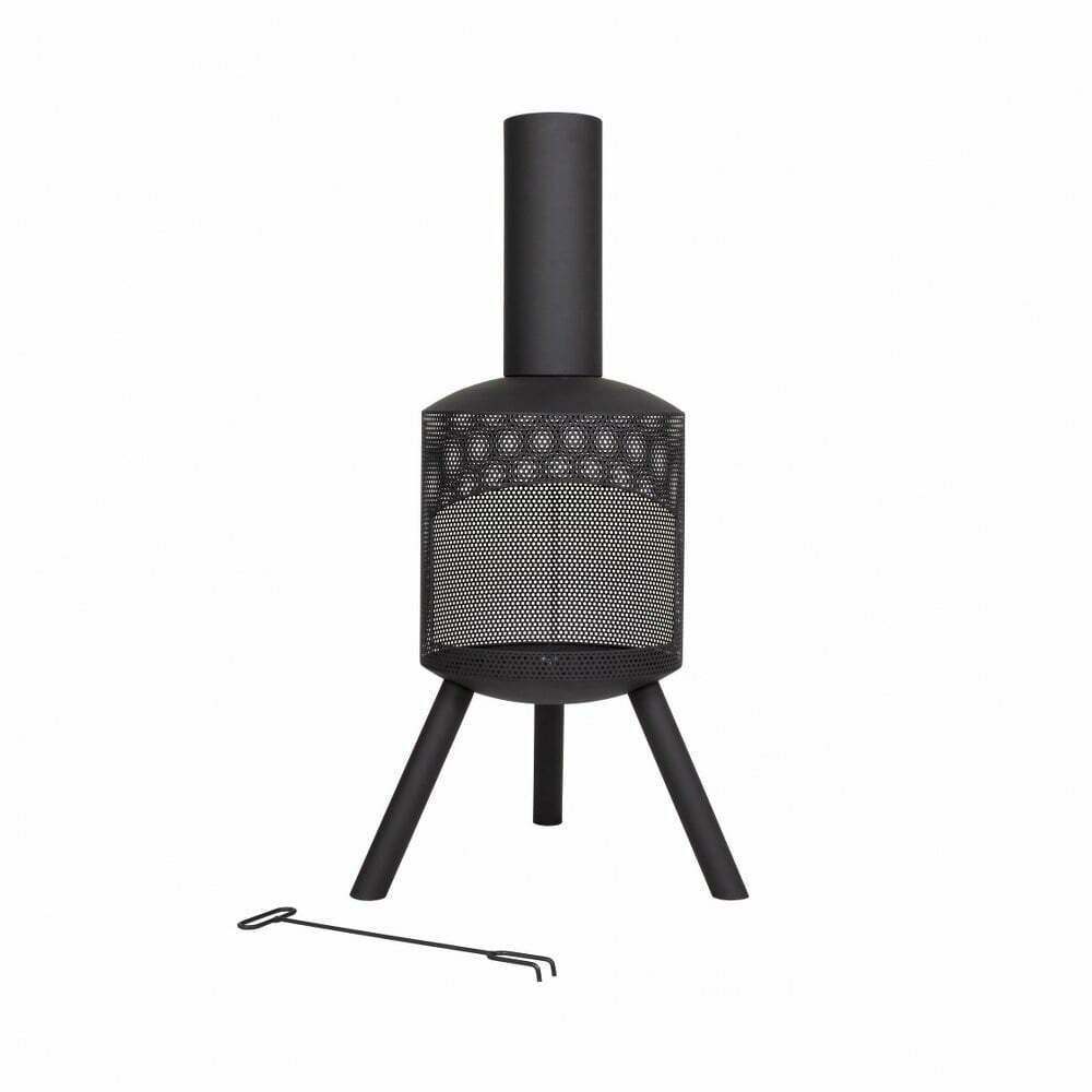 The La Hacienda Santana Fireplace, crafted by La Hacienda, showcases a striking black metal outdoor design with robust steel construction. It stands on three legs and is equipped with a chimney and a mesh to cover the fire area. A metal poker tool accompanies it, all presented against a clean white background for a modern design aesthetic.