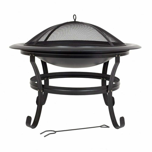 The La Hacienda Boston Firepit from La Hacienda showcases a black metal design with a mesh lid and four elegantly curved legs. It is coated with a high-temperature black paint finish and constructed from durable steel, accompanied by a metal poker for effortless adjustment of logs or coals inside.