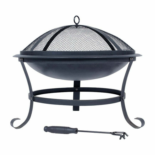 The La Hacienda Albion Firepit, crafted by La Hacienda, is designed with durable steel construction and finished with high-temperature black paint for both durability and style. It includes a circular mesh screen cover held up by three elegantly curved legs adorned with decorative scrolls. A black fire poker featuring a wooden handle is positioned in front.