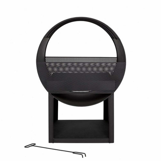 Introducing our contemporary range: the La Hacienda Camacha Fireplace, a modern black metal firewood rack with a circular design and durable steel construction. It features a perforated metal shelf and rests on a rectangular base for additional storage. This stylish piece seamlessly combines with the Camacha Fireplace poker to offer both style and functionality.