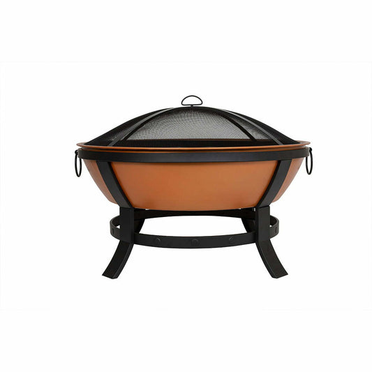 The La Hacienda Katori Firepit captivates with its deep bowl and vivid orange color, highlighted by a stunning copper effect finish. It elegantly rests on a black metal stand featuring four gracefully curved legs, while metal handles on the mesh cover offer both style and ease of use.