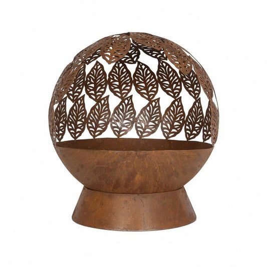 The La Hacienda Leaves Fire Globe from La Hacienda features a laser-cut design with intricate leaf patterns. Made from oxidized steel, it sits on a sturdy base, offering an elegant and artistic addition to outdoor settings.