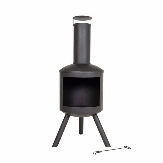 The La Hacienda Barola Chimenea, crafted by the renowned brand La Hacienda, is a black steel outdoor heating wonder that boasts a tall cylindrical chimney and three robust legs. Accompanying this sophisticated outdoor fireplace is a metal poker tool positioned on the ground nearby.