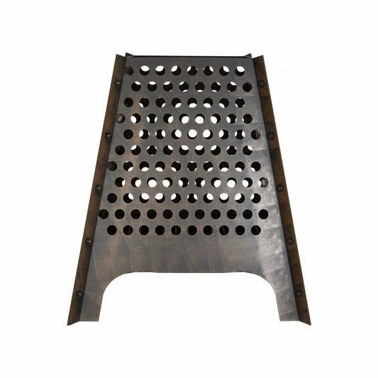 The La Hacienda Osiris Firebasket, a product by La Hacienda, is designed as a metal panel featuring a grid of evenly spaced circular holes. This trapezoidal piece includes angled edges and has a cut-out section at the base. Its brushed bronze finish imbues it with industrial charm, making it an ideal addition to your garden space.