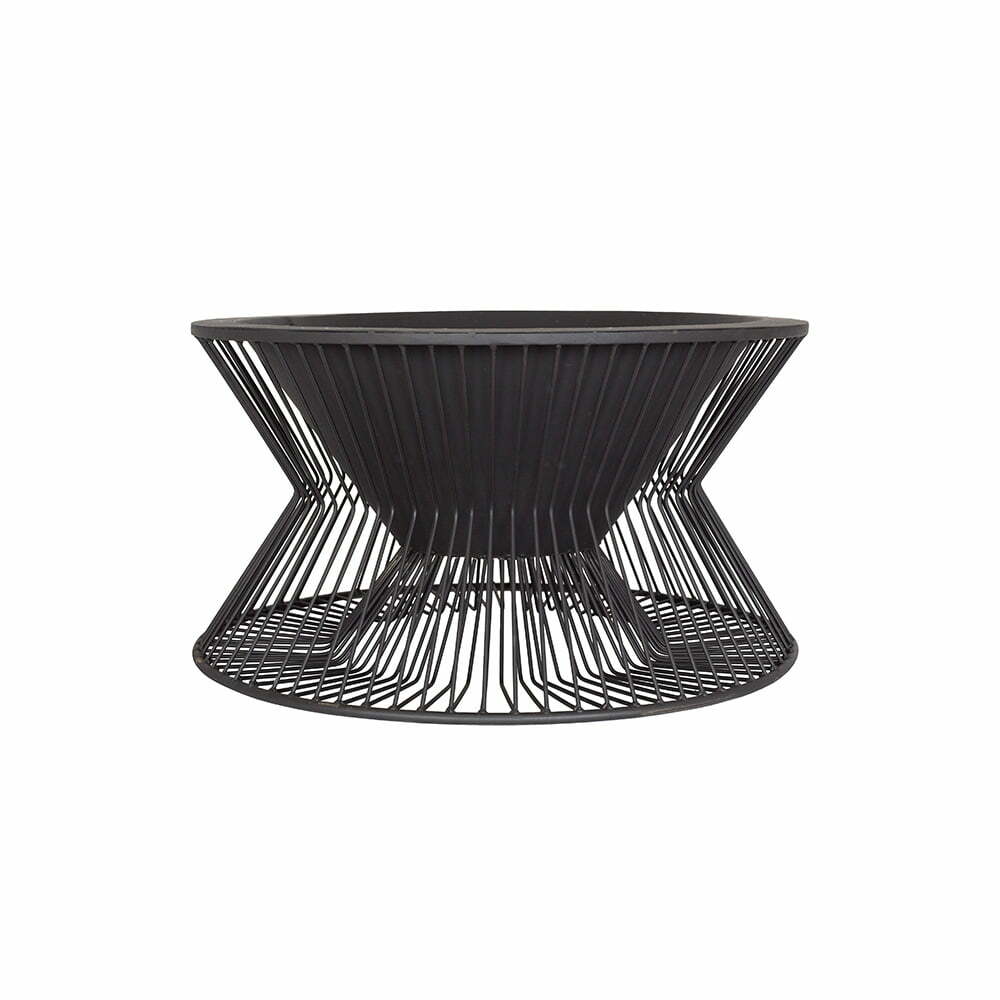 Introducing the La Hacienda Milan Firepit by La Hacienda, a sleek black round firepit that showcases a robust steel construction. Its geometric wireframe base is complemented by a solid flat top, offering an open design that gives it a light and airy appearance, making it an ideal addition to contemporary outdoor spaces.