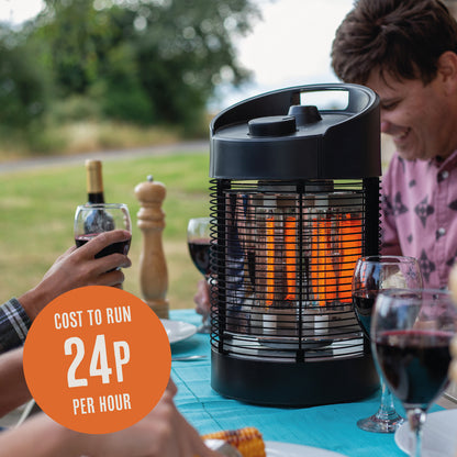 Dining alfresco, people savor their meal alongside glasses of red wine on the table. Central to this scene is an eco-friendly La Hacienda Tabletop Heater from La Hacienda, providing warmth with a label indicating "Cost to run 24p per hour." A pepper mill adds to this cozy arrangement, ideal for outdoor use with its IPX4 rating.