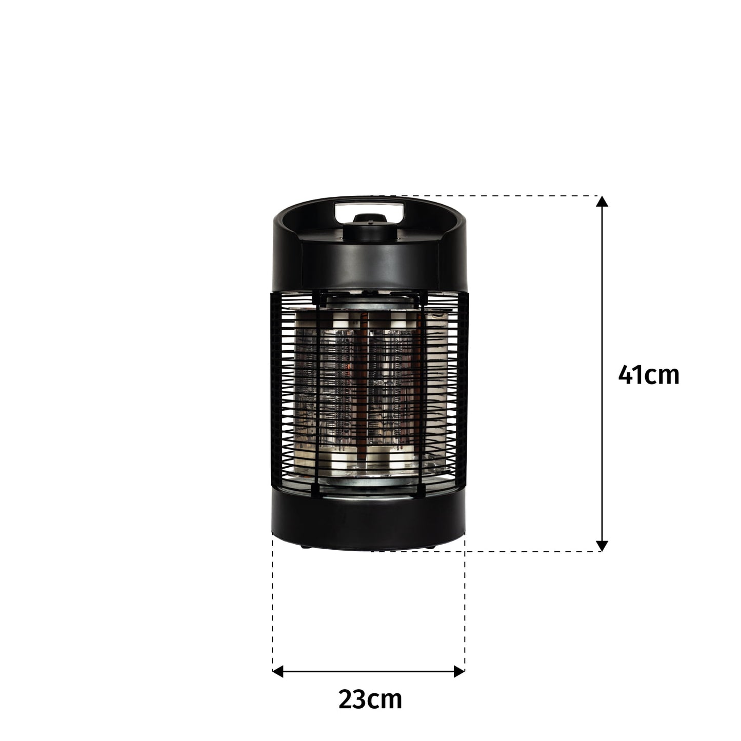 A cylindrical La Hacienda Tabletop Heater featuring a protective grid and inner light is shown against a white background. This black device stands 41 cm tall and 23 cm wide, boasting IPX4-rated weather resistance for safe outdoor use in various conditions.