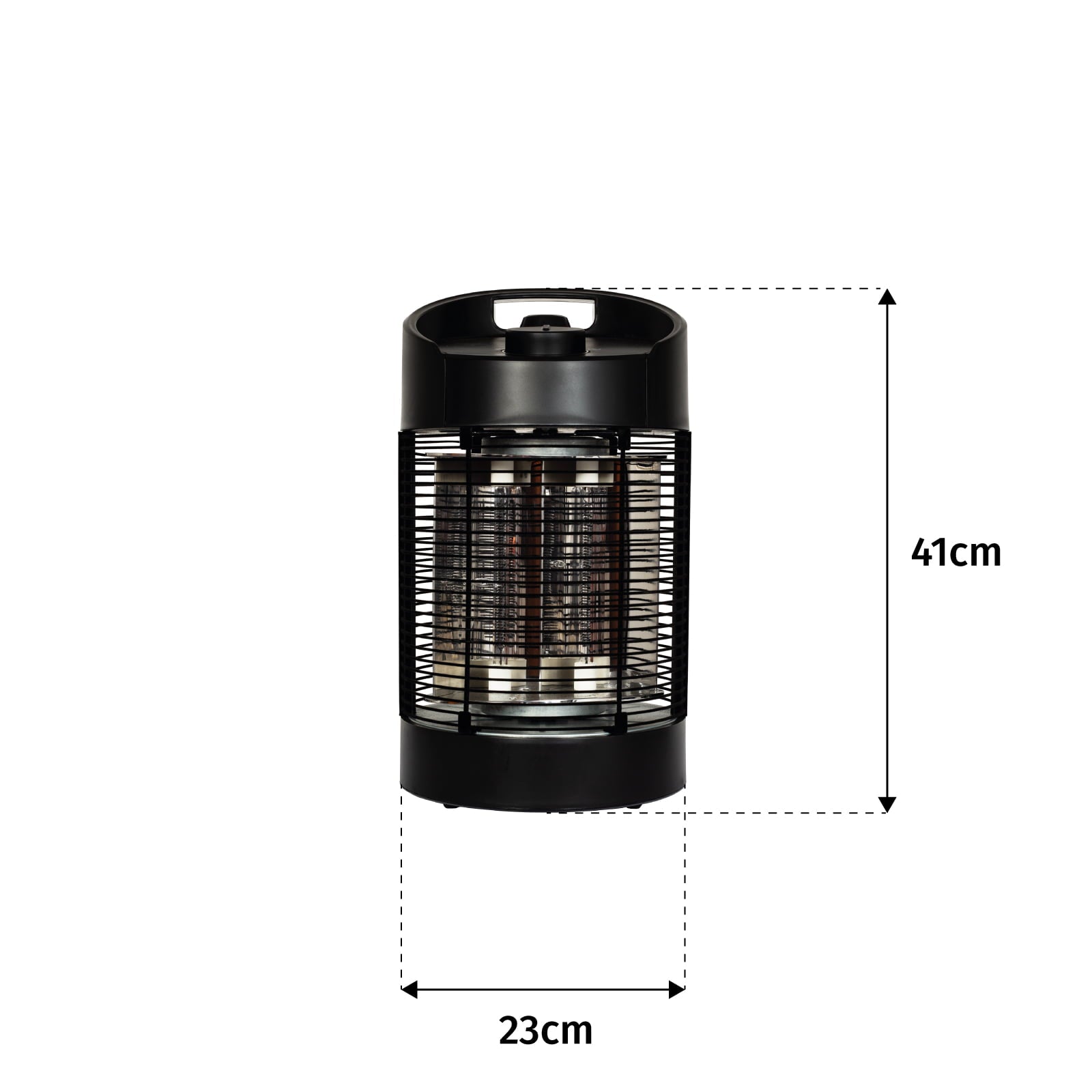 A cylindrical La Hacienda Tabletop Heater featuring a protective grid and inner light is shown against a white background. This black device stands 41 cm tall and 23 cm wide, boasting IPX4-rated weather resistance for safe outdoor use in various conditions.