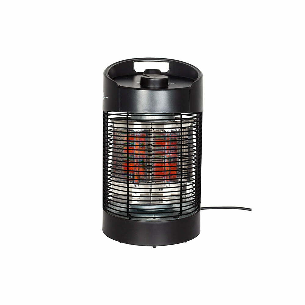 The La Hacienda Tabletop Heater by La Hacienda showcases a sleek cylindrical design with a black metal casing. It is equipped with a carrying handle and features an eco-friendly heating element protected by a grill. Suitable for IPX4 outdoor use, its power cord conveniently extends from the right side.