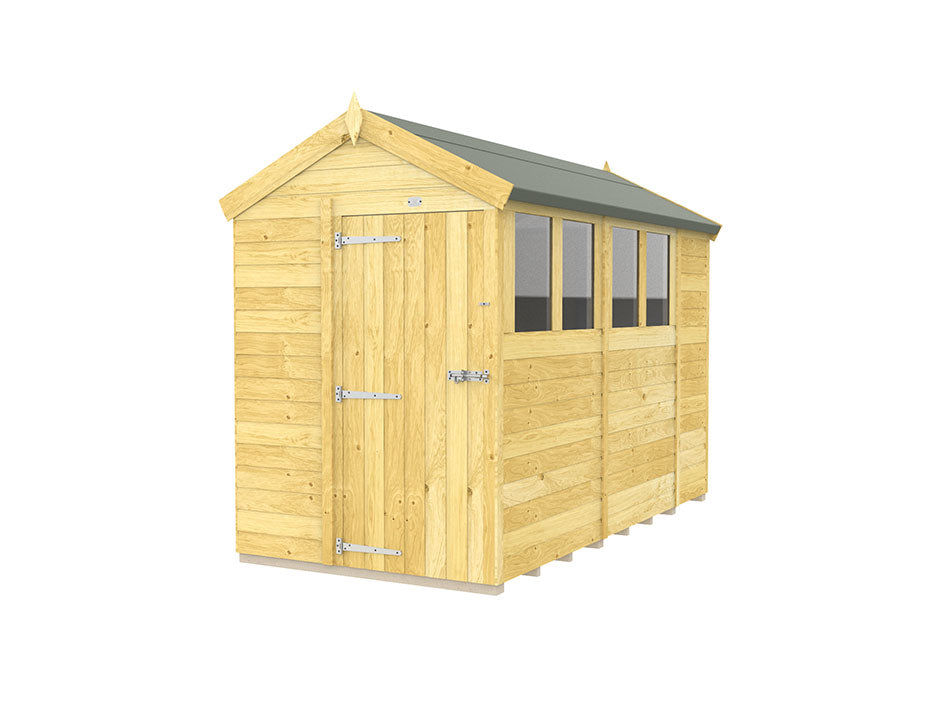 The ShedsDIY Apex Shed 5ft Wide showcases tongue and groove construction, a sloped green roof, metal hinges, a latch on the door, and three rectangular side windows. It features a natural wood finish.