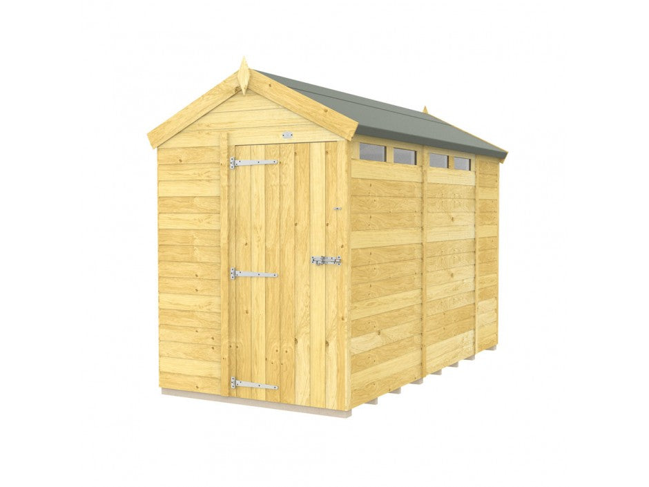 This ShedsDIY Apex Shed 5ft Wide is crafted with tongue and groove construction, featuring a pitched roof, single door with metal hinges and latch. Small rectangular windows adorn the roofline, completing its charm and high-quality natural wood finish.