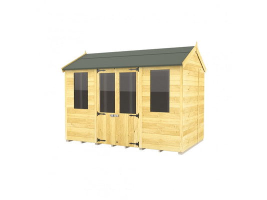 The Apex Summer House by ShedsDIY features tongue and groove construction with a dark green sloped roof, double-door entrance with metal hinges and handles, two large windows flanking the doors, providing elegant garden storage against a plain white background.