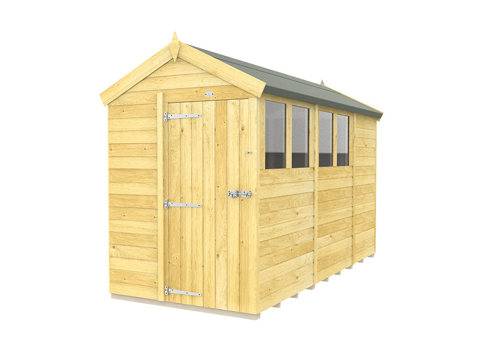 The ShedsDIY Apex Shed 5ft Wide features tongue and groove construction, a gabled roof with four windows, and a left-side door with metal hinges and a lock. Its green felt-covered roof contrasts charmingly against the plain white background.