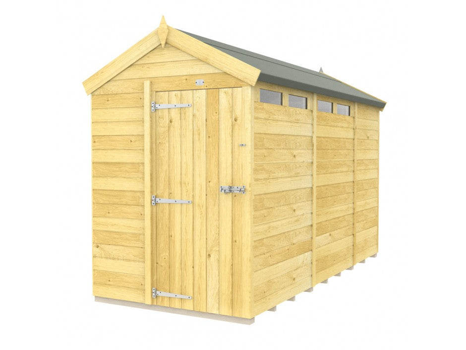 The Apex Shed 5ft Wide by ShedsDIY is a wooden garden shed with tongue and groove construction, a gabled roof, and three small windows. The sturdy door has metal hinges and a latch. Its light, natural wood color reflects ShedsDIY’s signature style.