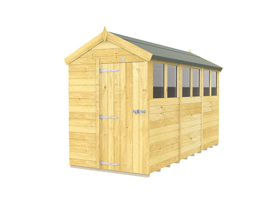 The ShedsDIY Apex Shed 5ft Wide boasts tongue and groove construction for added durability, a pitched roof, and four windows on one side. Its metal-hinged door with a latch complements the dark green roof, making it a functional yet charming garden addition.