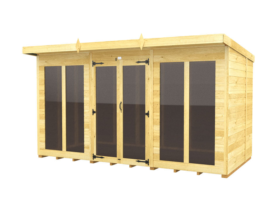 The ShedsDIY Pent Summer House features a modern design with large glass panels on three sides and central double doors, framed by light-colored wood. This weather-resistant garden shed has a flat roof and decorative triangular accents, perfect for garden storage or as a summer house.