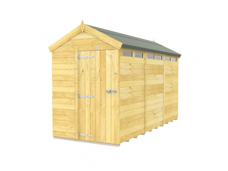 The ShedsDIY Apex Shed 5ft Wide features a wooden garden design with tongue and groove construction, pitched roof, small rectangular top windows, a single door with metal hinges and latches, natural wood finish, and dark roofing material.